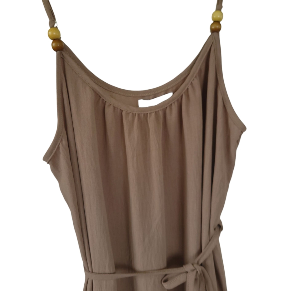 AZ Cottage Boho Flowy Maxi Dress Beaded Straps Tiered Ruffle Taupe S/M - Picture 6 of 15